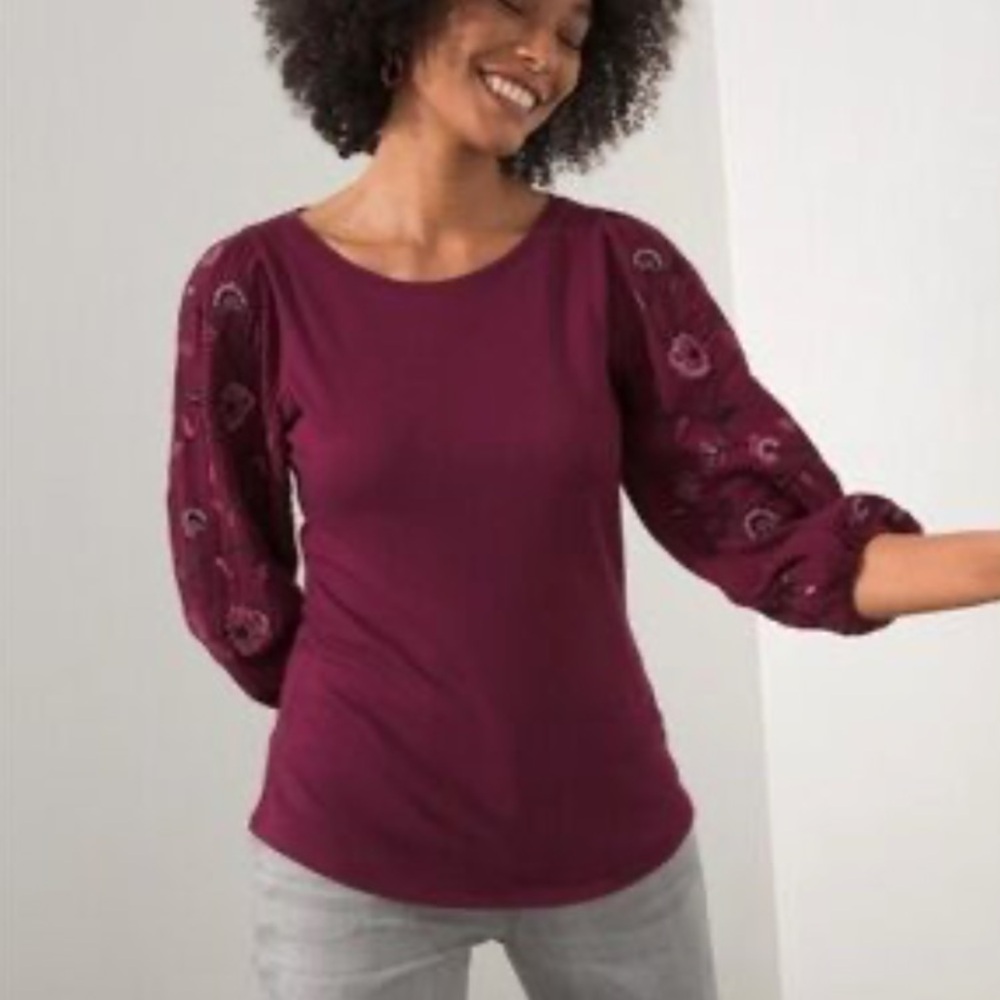 Chico's Plum Embroidered Balloon-Sleeve Blouse